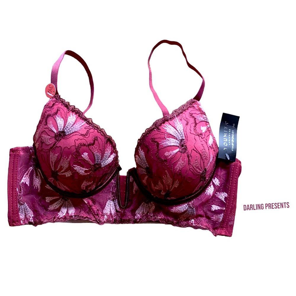 Youmita Lace Balconette Lace Floral Bra Women Color Burgundy Size 34B